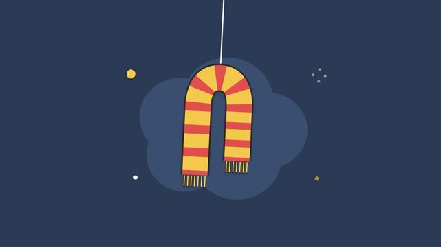 Red and yellow striped knitted scarf with fringe hanging on a hook and swinging on a navy background. Seamless loop winter clothing animation, flat vector line art icon, Full HD.