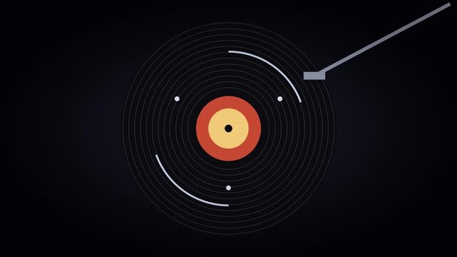 Minimalist turntable vector animation, spinning vinyl record illustration, modern graphic design on dark background for music media project