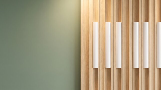Modern interior wall design featuring vertical wooden slats and integrated white cylindrical light fixtures against a soft sage green painted wall background