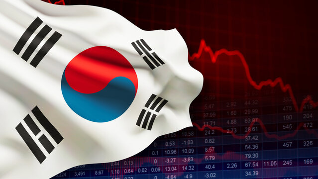 South Korea's economic recession, declining market indices, and high-risk fiscal investments in the South Korean economy. The South Korean flag superimposed on a falling red line graph. Stock market 
