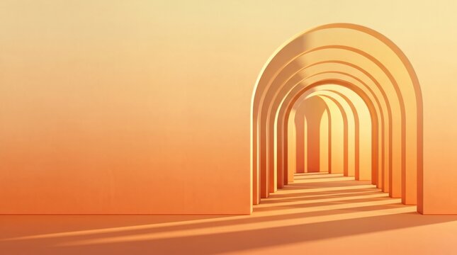 Abstract architectural background with a series of repeating orange arches creating a tunnel effect with soft shadows and warm lighting