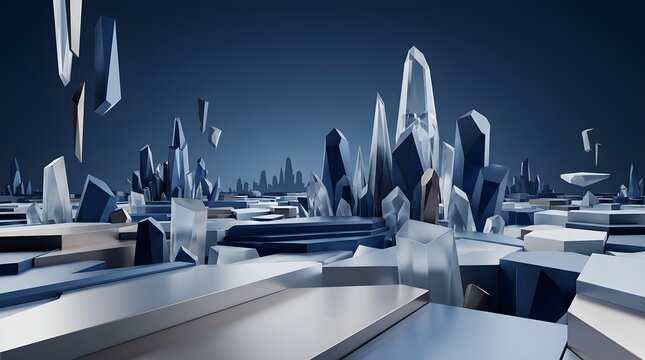 Abstract 3d landscape with geometric crystal formations and floating shards in a futuristic blue environment