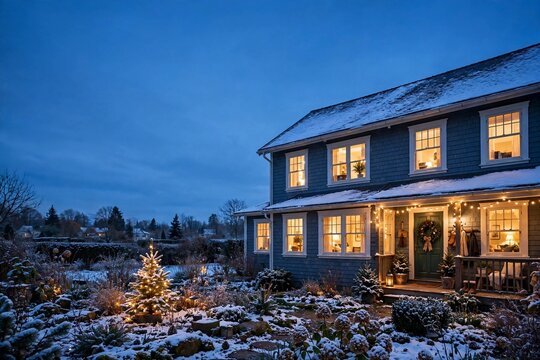 Glowing Windows A cozy home glowing warm at twilight wit