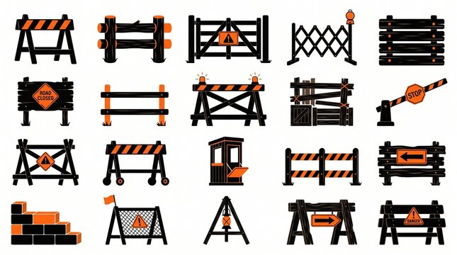 Road construction barrier icons in black and orange for traffic safety designs.