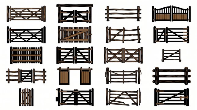 Rustic wooden gates and fence farm entrance icons with classic timber structures.