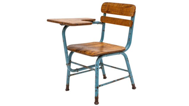 Vintage wooden school desk chair with blue metal frame, isolated on transparent background
