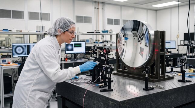 Female optical engineer aligns laser equipment for large mirror testing