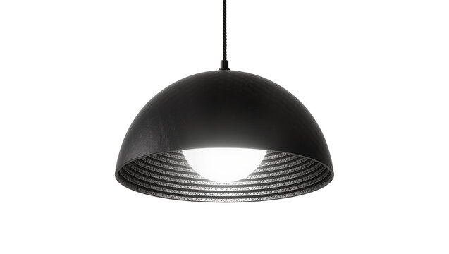 Black dome pendant lamp with corrugated interior, isolated on transparent background