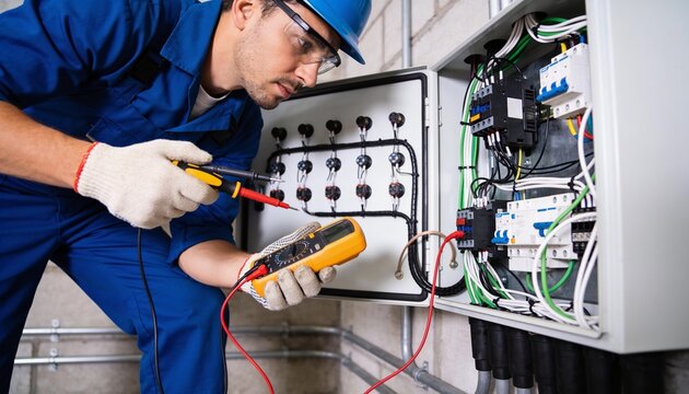 Electrician in blue hard hat and protective gear testing voltage with digital multimeter on electrical panel during industrial maintenance inspection