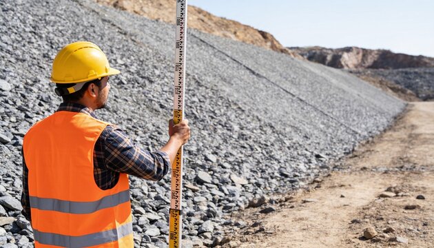 Professional surveyor in hard hat and safety vest holding leveling rod on rocky slope at construction site, conducting topographical land survey