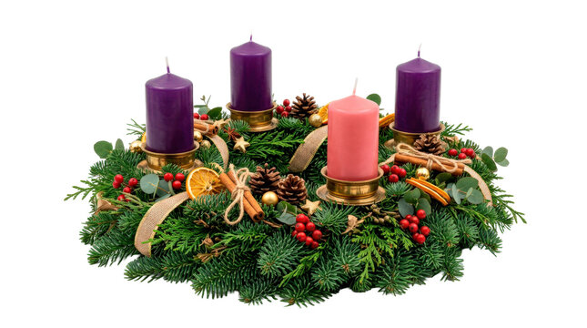 Advent wreath &mdash; Photorealistic advent wreath, circular evergreen wreath with integrated candle holders and classic festive construction as one cohesive decor object; front three-quarter view, crisp