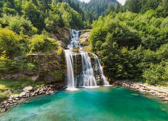 Waterfall and turquoise pool in Faido Switzerland © Michel Lapiccirella