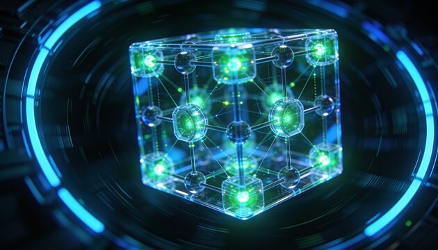 Hovering hologram cube emitting pulsing green nodes, filaments in dark tech void with neon rings