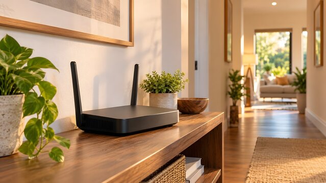 Modern black wireless router with antennas on a wooden shelf with potted plants and a blurred background of a home interior with natural light