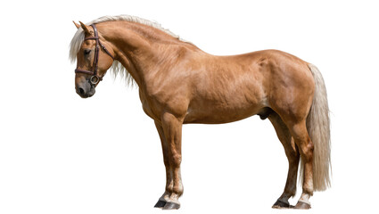 Golden palomino horse with blonde mane and tail wearing bridle, isolated on transparent background © Maria