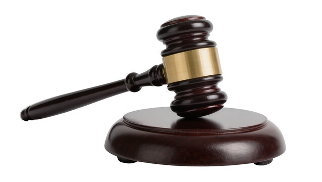 Dark polished wood gavel with brass band resting on wooden sound block, isolated on transparent background