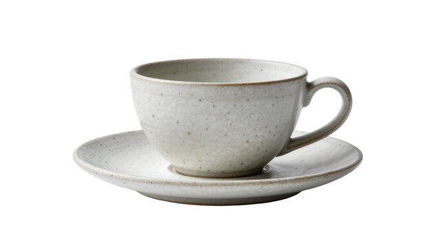 Speckled ceramic teacup and saucer rustic stoneware design, isolated on transparent background