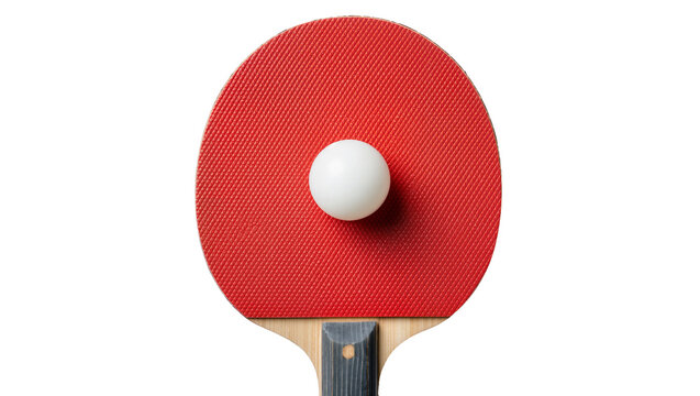 Red ping pong paddle with white ball resting on textured surface, isolated on transparent background