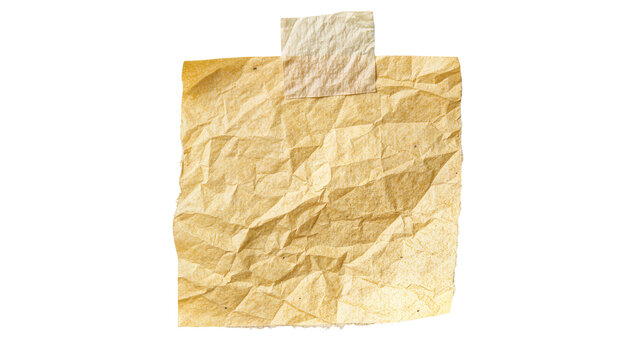 Crinkled brown paper note with tape, isolated on transparent background