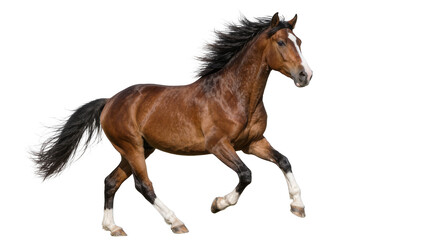 Brown horse with black mane and tail galloping, isolated on transparent background © Maria