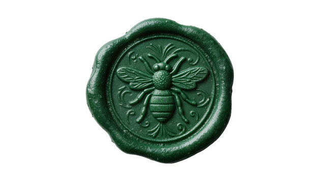 Deep green wax seal stamp with embossed bee and floral swirls, isolated on transparent background
