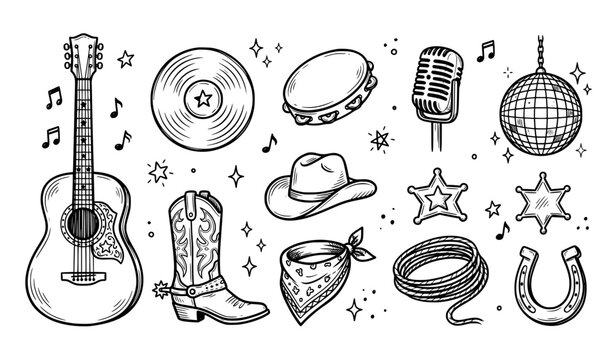 Hand drawn country music and cowboy western line art set