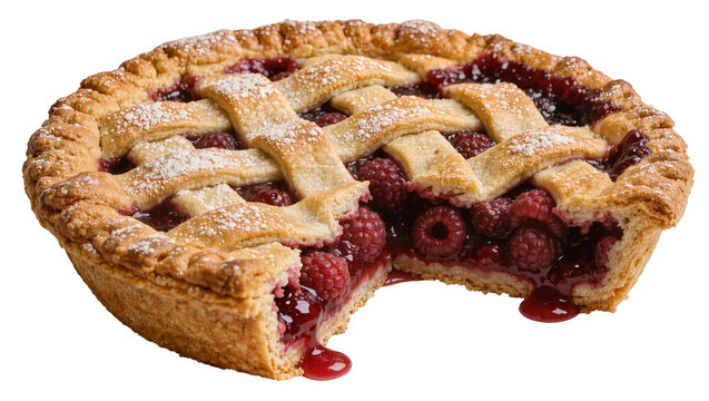 Golden lattice crust raspberry pie with fresh berries and powdered sugar, isolated on transparent background