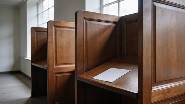 Showing paneled wooden study booth receiving daylight in library with tall windows, lined paper
