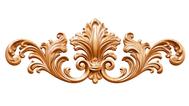 Ornate wooden carved decorative element isolated on transparent background as png file for interior design projects
