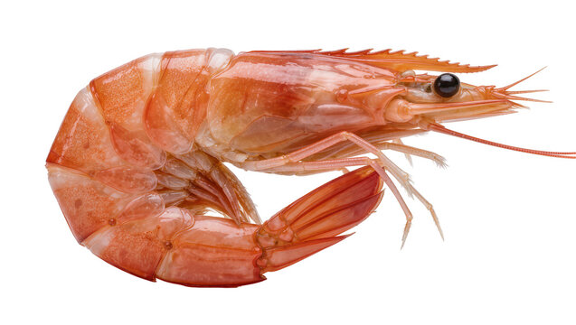 Cooked pink shrimp with segmented tail and black eye, isolated on transparent background