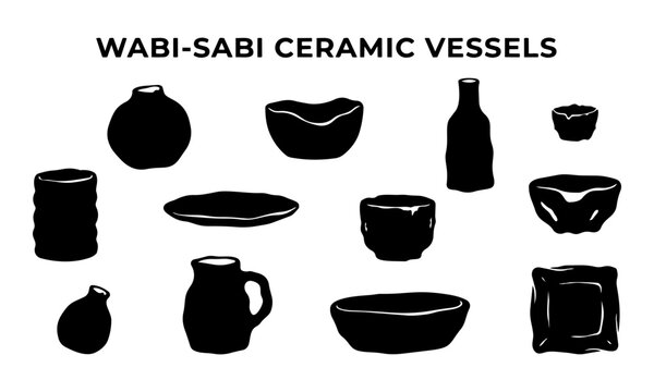 Wabi-Sabi Ceramic Vessel Silhouette Set Flat Vector, Imperfect Vase Bowl Pinch Pot Jug Planter Bud Vase Dish Lopsided Organic, Black White