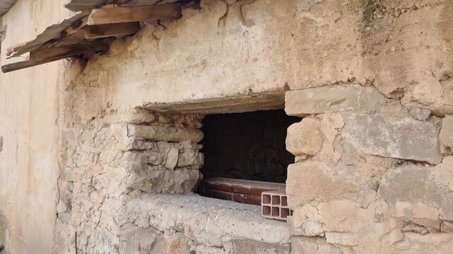 A small window of an old country house built of stone and mud bricks in a rural area, a traditional local architectural model.