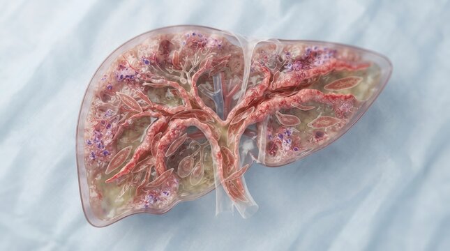 3D cross-section model of a liver showing parasitic fluke infection and severe biliary tract lesions