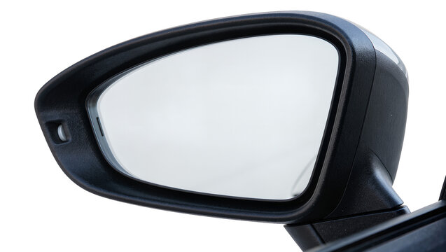 Black car side mirror with reflective glass surface, isolated on transparent background