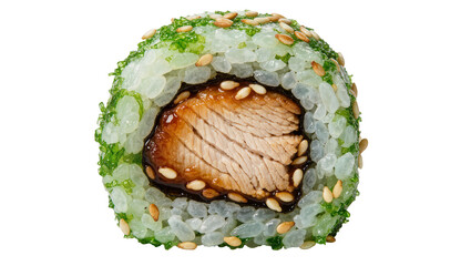 Savory grilled meat sushi roll with rice sesame seeds and green seaweed, isolated on transparent background © Maria