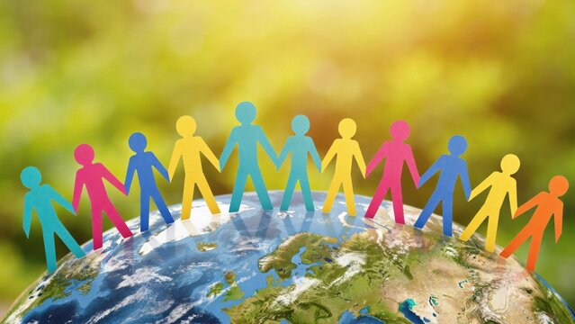 Paper cutout people holding hands around the globe representing global unity and diversity