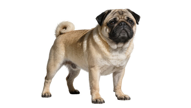 Fawn pug dog with curled tail standing alert, isolated on transparent background
