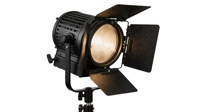 Black professional Fresnel spotlight with barn doors, isolated on transparent background