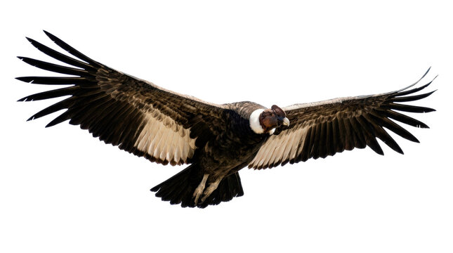 Andean condor &mdash; Photorealistic Andean condor in flight, massive dark wings fully spread with contrasting pale flight feathers and powerful soaring posture; front three-quarter view, razor-sharp