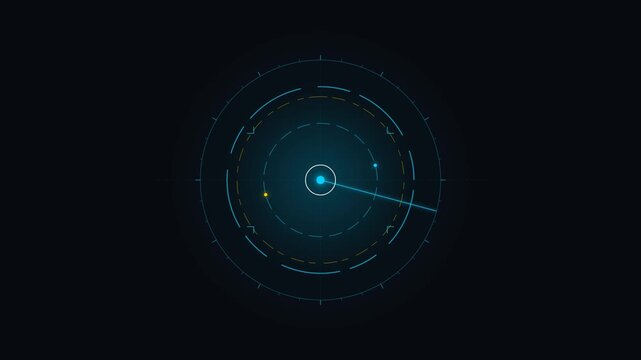 A glowing blue radar interface rotates its scanner across a dark circular screen, detecting small yellow blips in a futuristic, high-tech display of maritime or aerial surveillance.