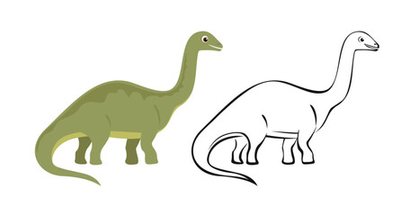 Color and black and white outline Brontosaurus dinosaur, isolated vector illustration. © Sunnydream