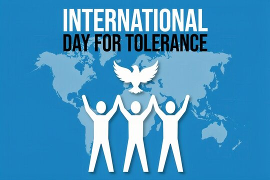 International day for tolerance concept with people silhouettes and a dove on a world map background