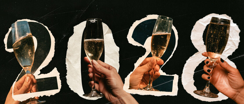 New Year's Eve, Happy New Year 2028 - Text with Torn Paper Collage Effect Retro Film Grain, isolated on black background