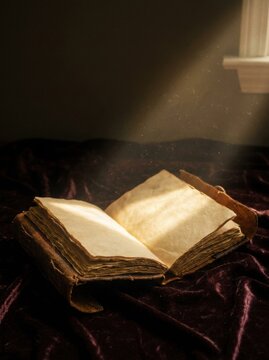 Open vintage journal with aged blank pages on luxurious velvet surface, dramatic top-down lighting creating strong contrast and highlighting realistic floating dust particles in the air
