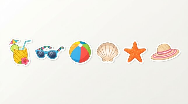Set of Colorful Summer Beach Vacation Stickers and Icons