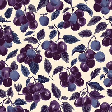A seamless pattern design depicting whole purple plums attached to short stems with leaves, arranged densely across a warm cream-colored background. The plums are rendered in shades of deep violet 