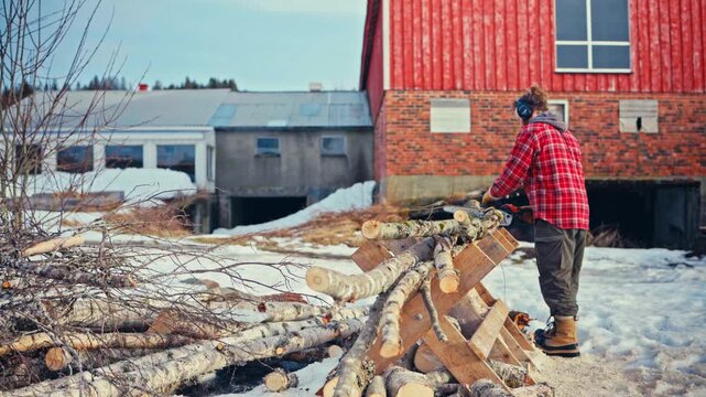 Person Using Chainsaw Beside Freshly Cut Log Outdoors During Woodcutting For Firewood. Timelapse