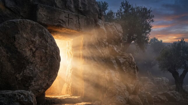 Divine light rays emanate from an empty rock tomb with a cross carved above the entrance.