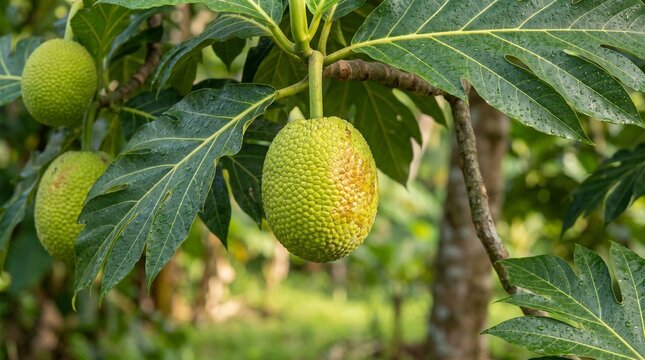 Fresh Breadfruit Growing on a Lush Tropical Tree in the Orchard