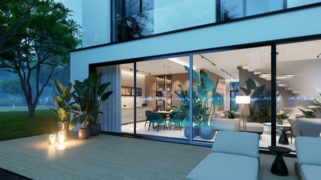 4K pan of a luxury open-concept interior featuring a modern living room, dining area, floating staircase, marble wall, and panoramic glass pool view at dusk.
